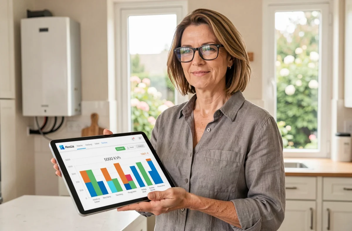 Femme consultant un tableau de bord de production solaire de 5000 kWh par an sur une tablette dans une cuisine moderne