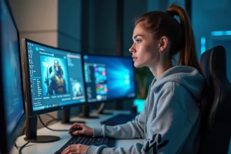 Femme technophile assise à son bureau moderne avec écrans