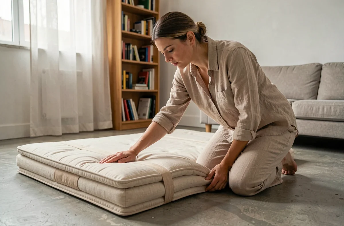 Femme testant la fermeté d'un futon matelas pliable dans un appartement urbain compact