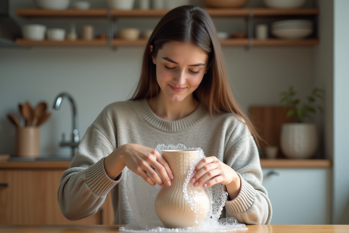 Jeune femme déballant un vase fragile à la maison