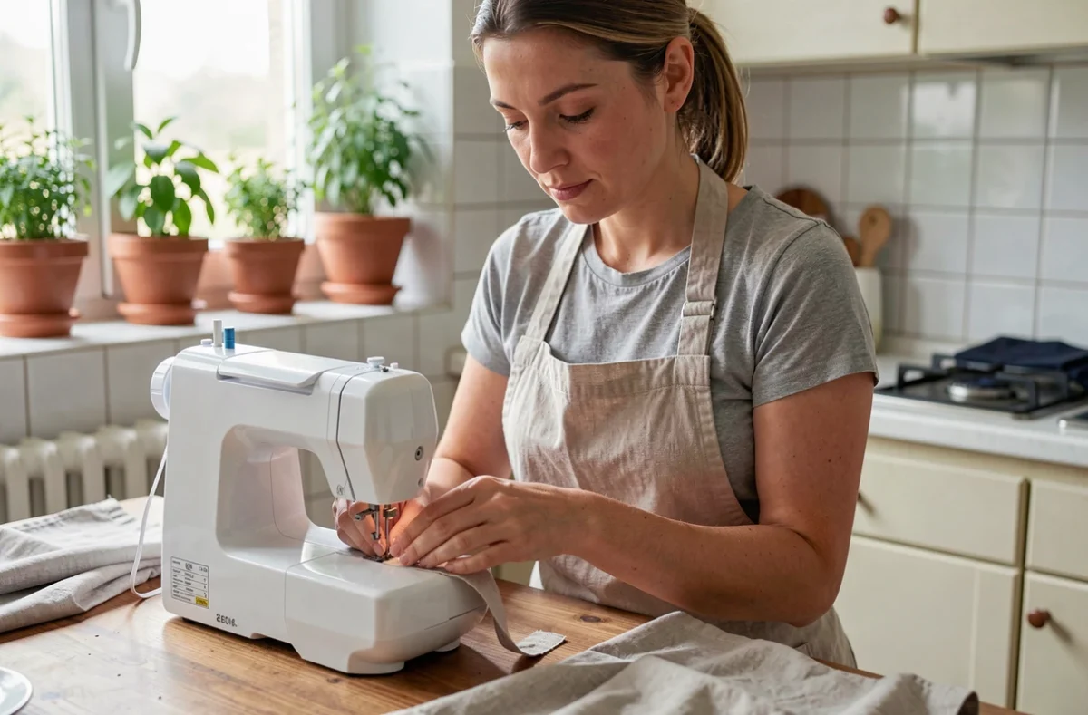 Femme enfilant le fil d'une machine à coudre compacte sur une table de cuisine, entourée de tissus et d'un projet de couture en cours.