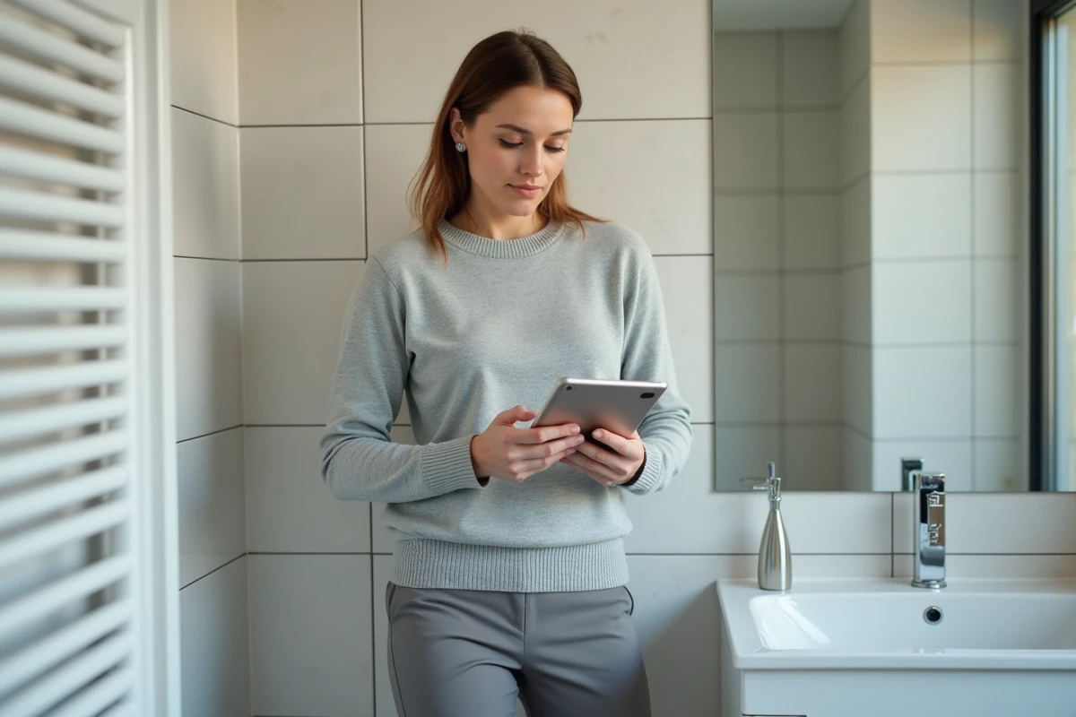 Femme utilisant une tablette dans une salle de bain minimaliste