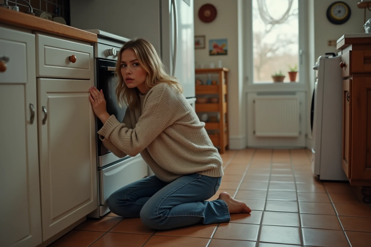 Jeune femme vérifiant sous un vieux réfrigérateur dans la cuisine