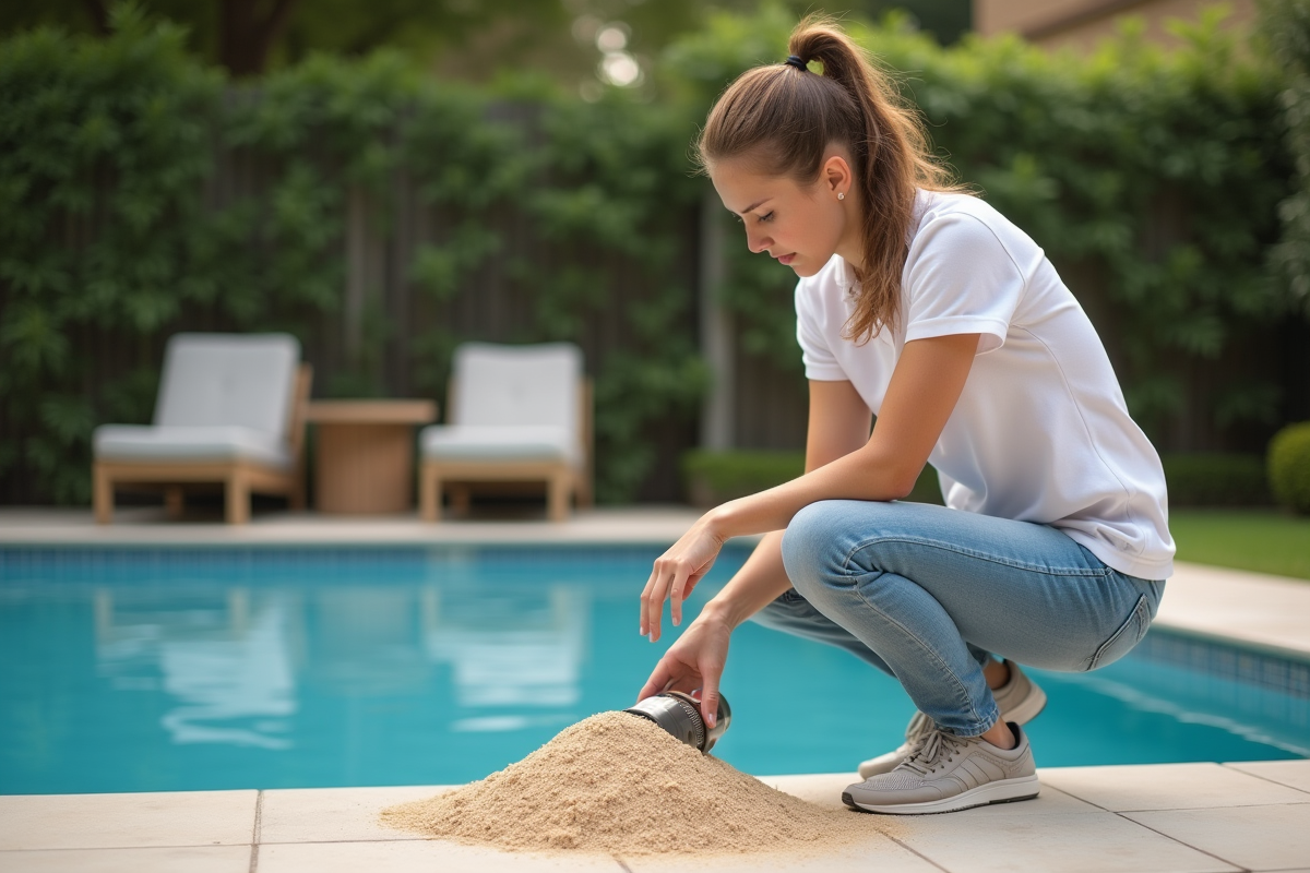 Jeune femme examinant du sable de filtre de piscine