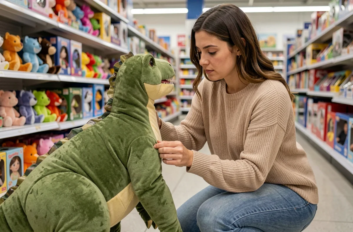 Femme examinant attentivement la qualité d'une grande peluche dinosaure dans un magasin de jouets avant de l'acheter