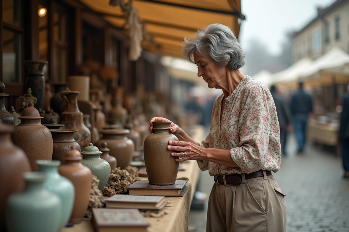 Femme examinant une vase ancienne sur un stand de vide grenier en plein air dans les Deux-Sèvres