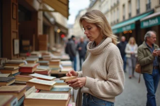 Femme examine livres anciens lors d'un vide grenier en plein air