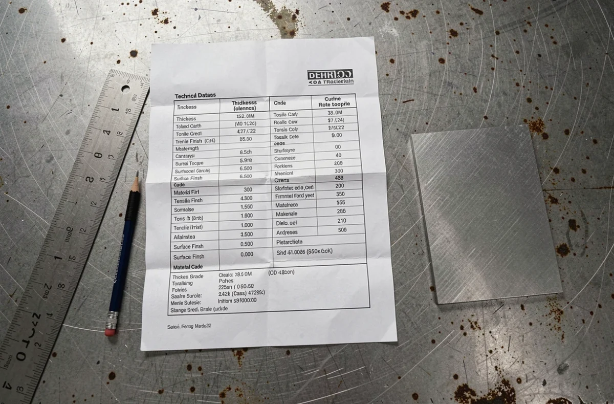 Fiche technique détaillée de fer plaque en vue à plat sur un établi industriel avec échantillon d'acier