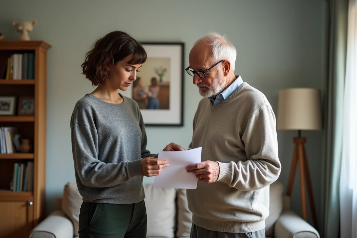 Femme vérifiant un formulaire avec son père dans le salon