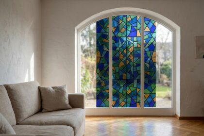 Fenêtre de salon habillée d'un film adhésif motif vitrail en bleu cobalt et vert émeraude sans travaux