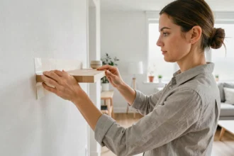 Femme fixant une étagère en bois au mur sans percer avec des bandes adhésives double face dans un salon moderne