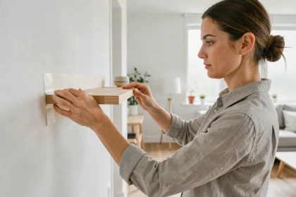 Femme fixant une étagère en bois au mur sans percer avec des bandes adhésives double face dans un salon moderne