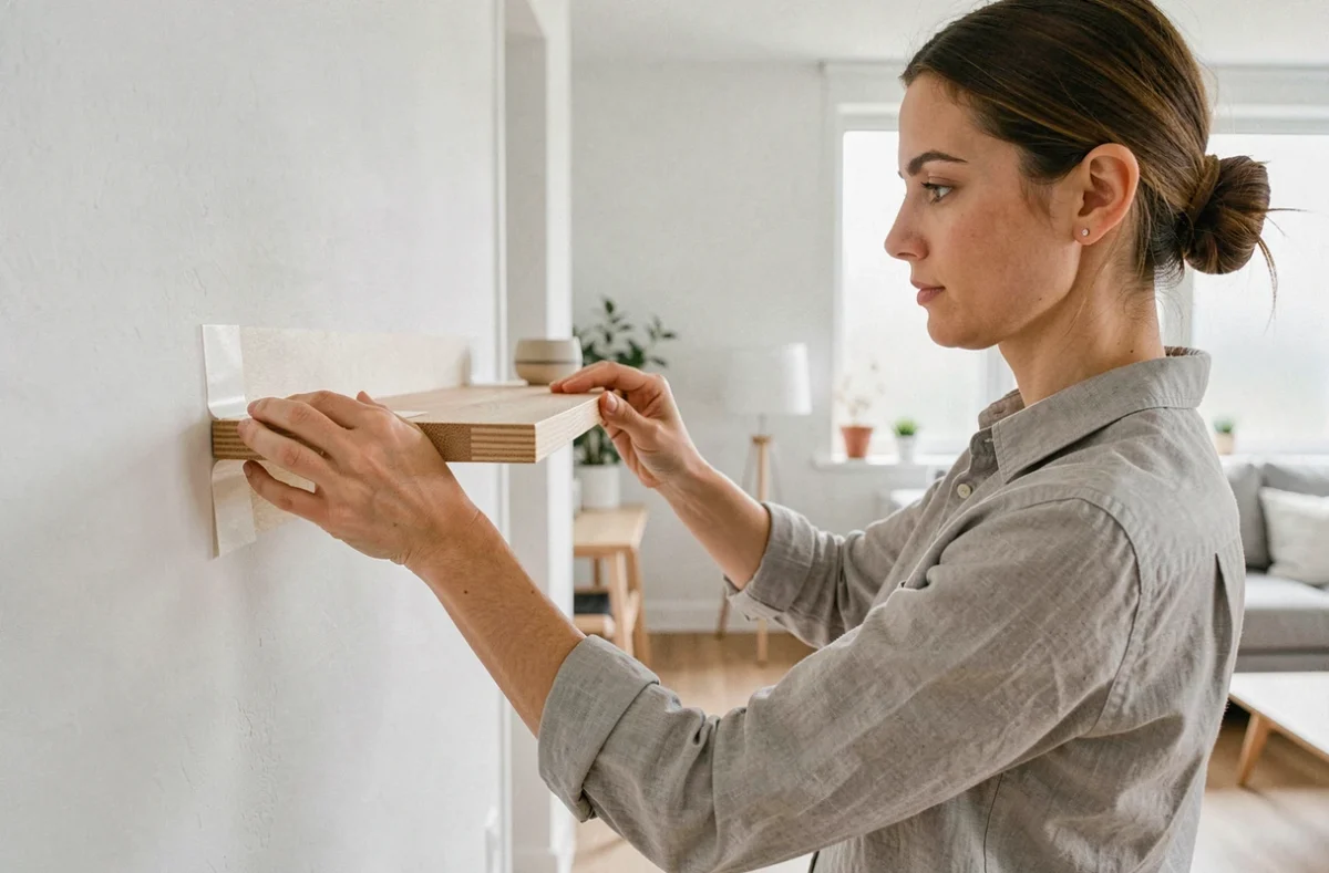 Femme fixant une étagère en bois au mur sans percer avec des bandes adhésives double face dans un salon moderne