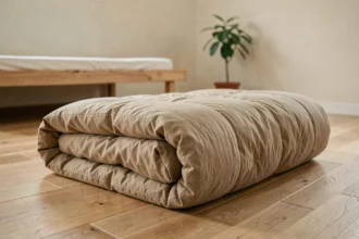 Futon matelas pliable posé sur un parquet en chêne clair dans une chambre minimaliste d'inspiration japonaise