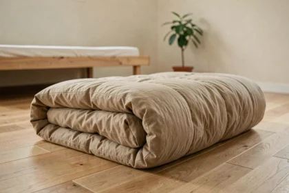 Futon matelas pliable posé sur un parquet en chêne clair dans une chambre minimaliste d'inspiration japonaise