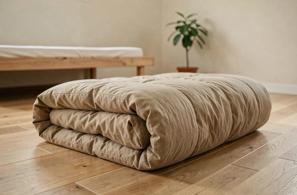 Futon matelas pliable posé sur un parquet en chêne clair dans une chambre minimaliste d'inspiration japonaise