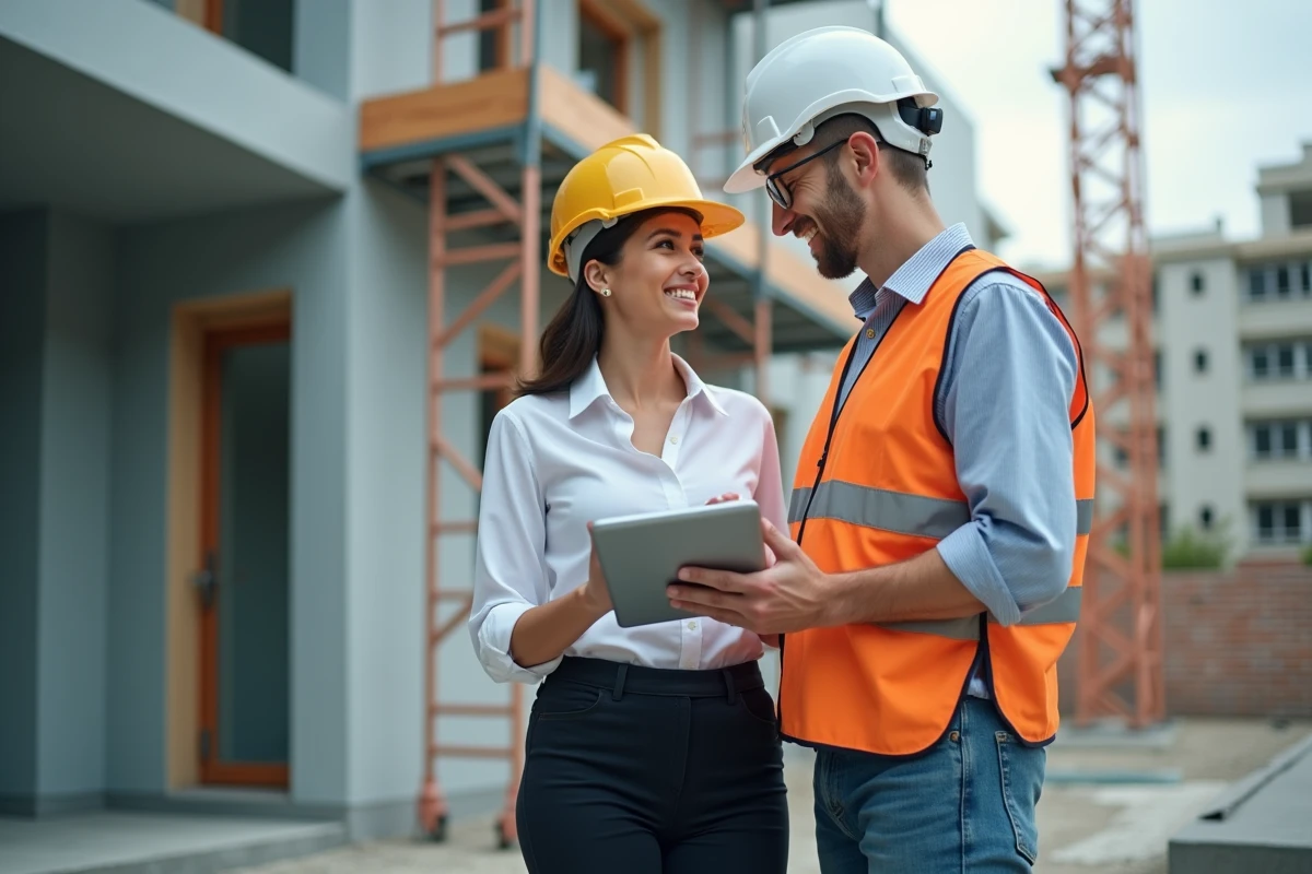 Femme gestionnaire discutant avec ouvrier sur site de renovation
