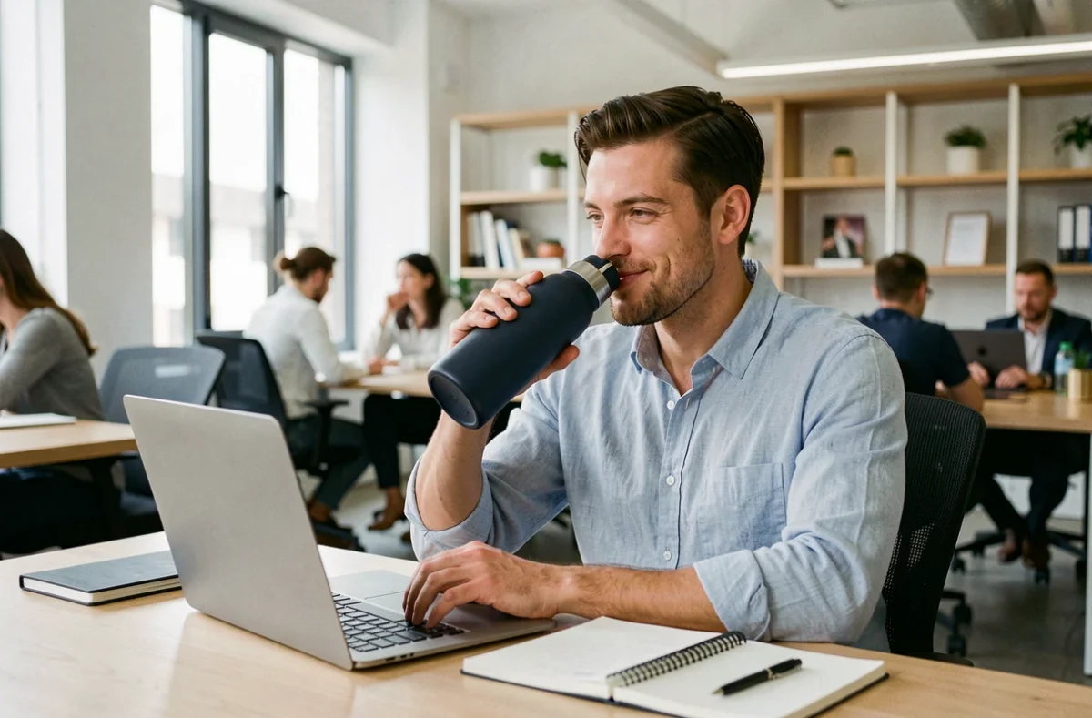 Homme buvant dans une gourde inox 1 litre dans un espace de coworking moderne
