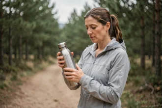 Femme tenant une gourde 1 litre en inox lors d'une randonnée en forêt