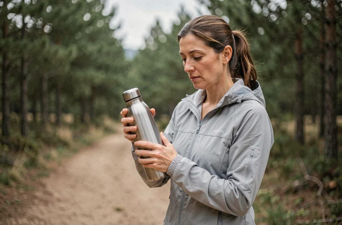 Femme tenant une gourde 1 litre en inox lors d'une randonnée en forêt
