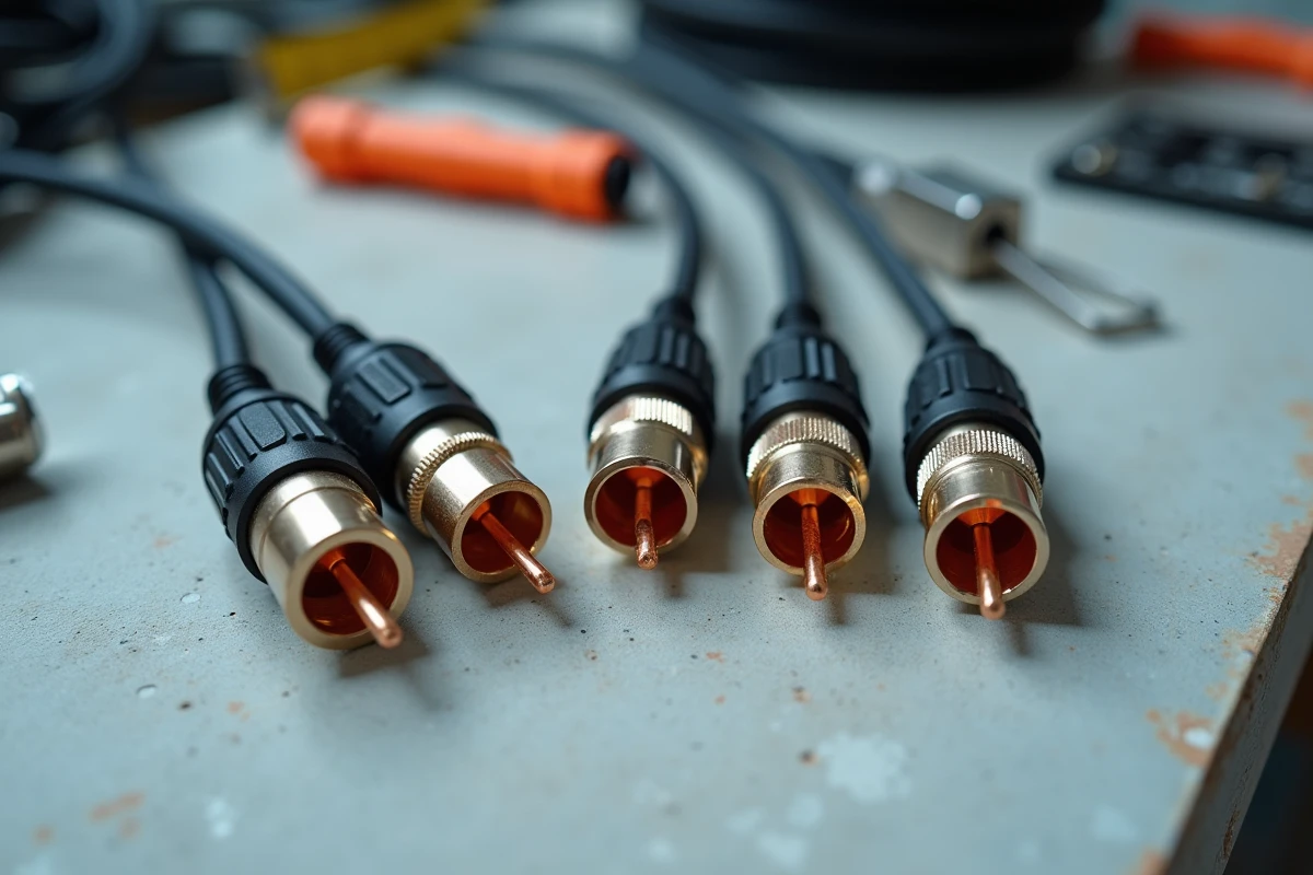 Gros plan sur différents câbles coaxiaux TV avec connecteurs F et IEC sur établi d'atelier