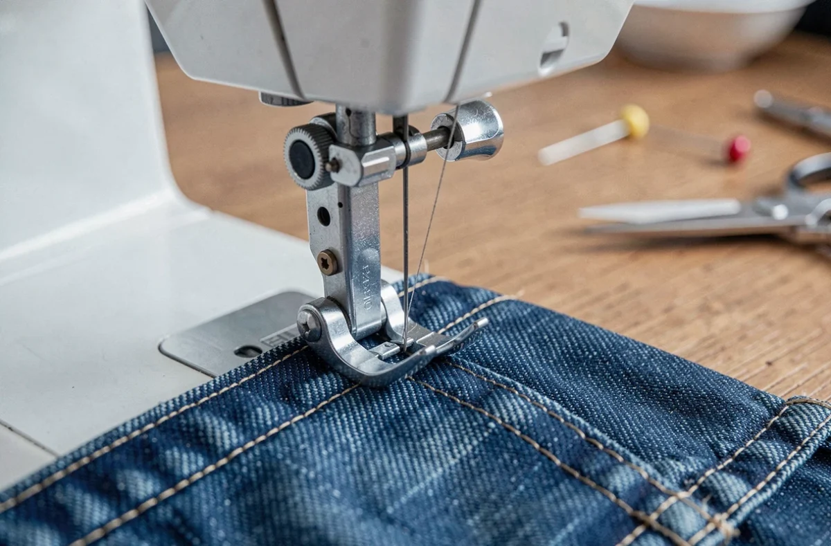 Gros plan sur une machine à coudre en train de piquer une couture sur du tissu denim, avec aiguille, pied presseur et canette visibles en détail.