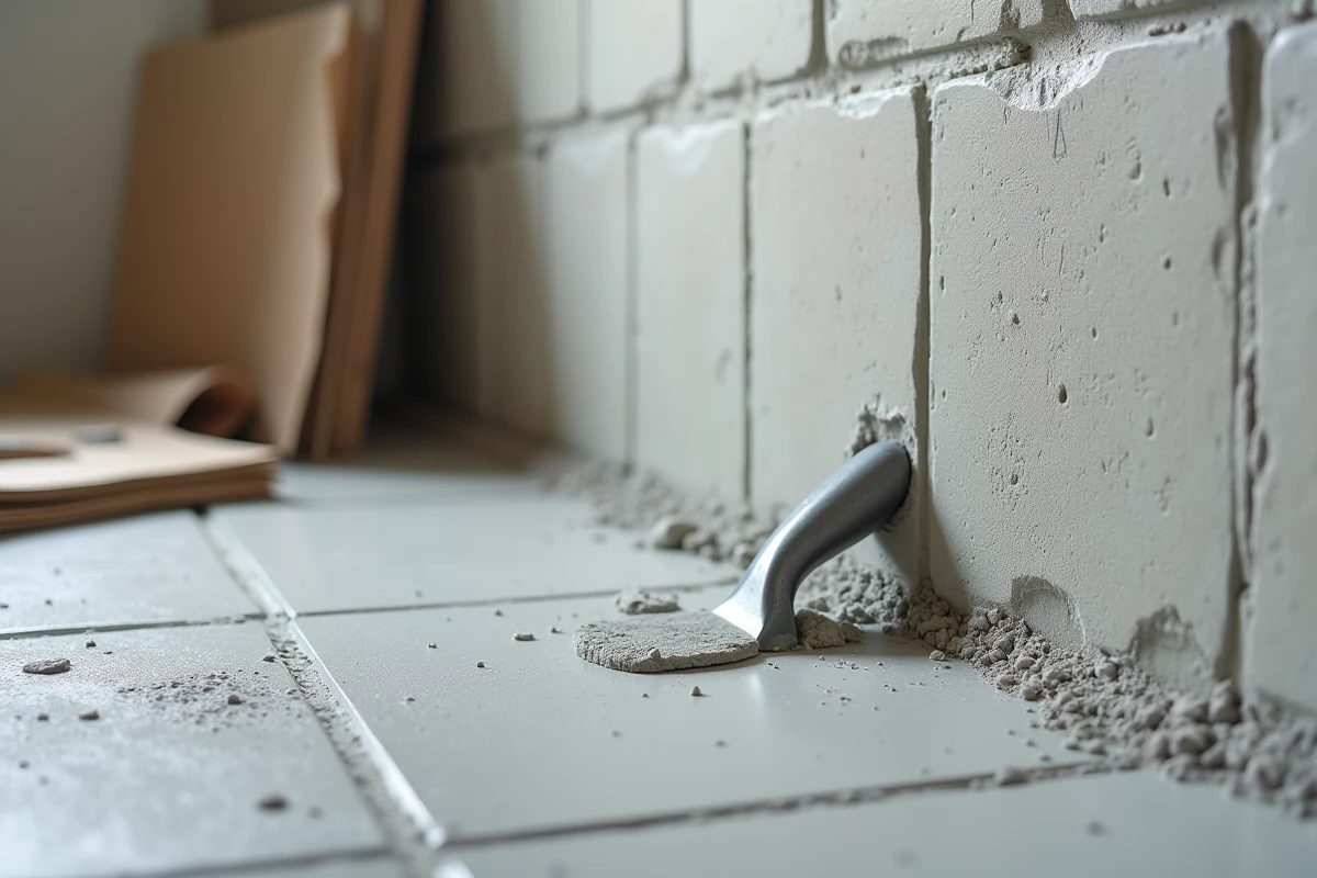 Gros plan sur une surface d'enduit MAP lissé au taloche sur un mur béton prêt pour le carrelage