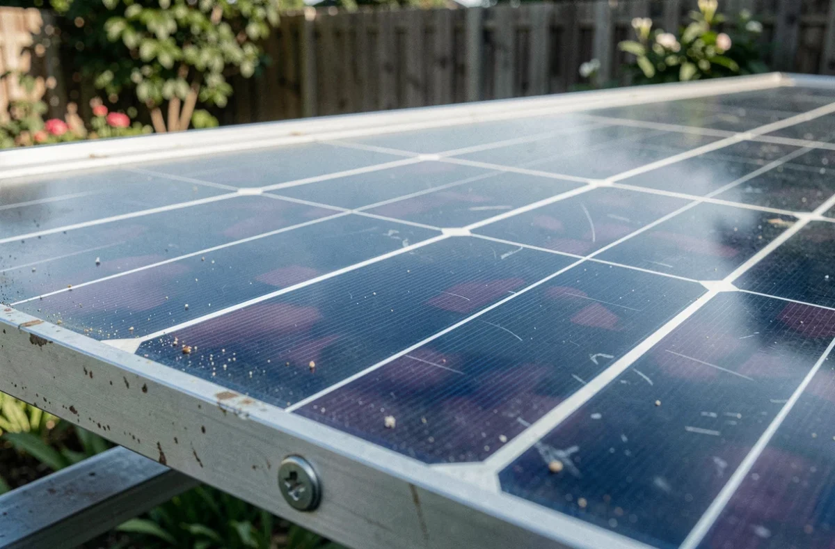 Détail en gros plan d'un panneau photovoltaïque monocristallin avec cellules silicium et cadre aluminium