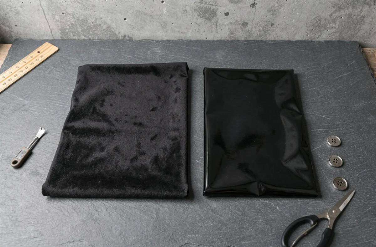 Gros plan sur deux morceaux de tissu enduit noir mat et brillant posés sur une surface ardoise avec des accessoires de couture