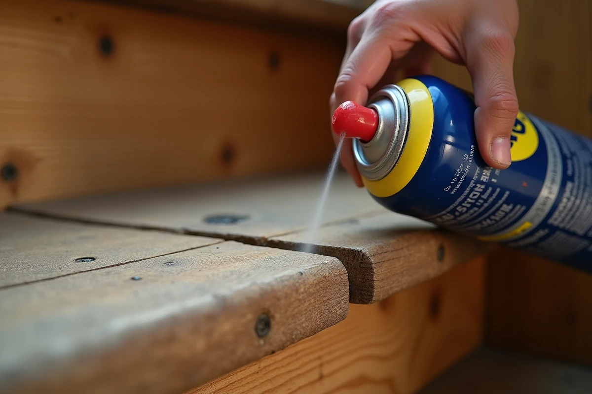 Gros plan sur l'application de WD-40 dans les interstices d'une marche d'escalier en bois usé