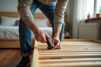 Homme en jeans assemble une base de lit en bois