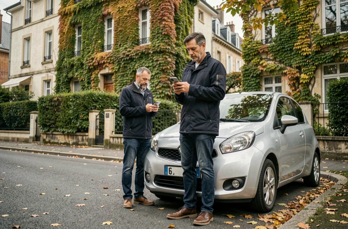 Homme vérifiant son assurance auto Macif sur smartphone devant sa voiture en ville