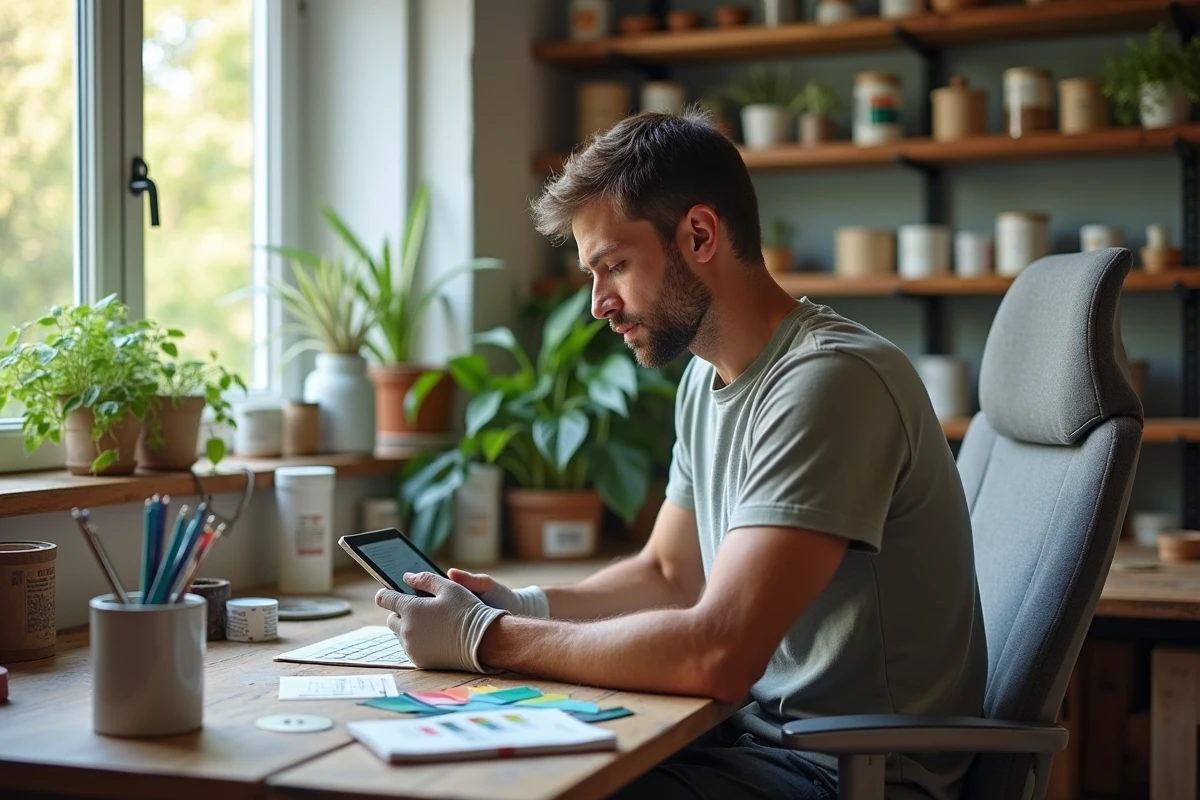 Homme calculant prix peinture écologique avec tablette dans un bureau