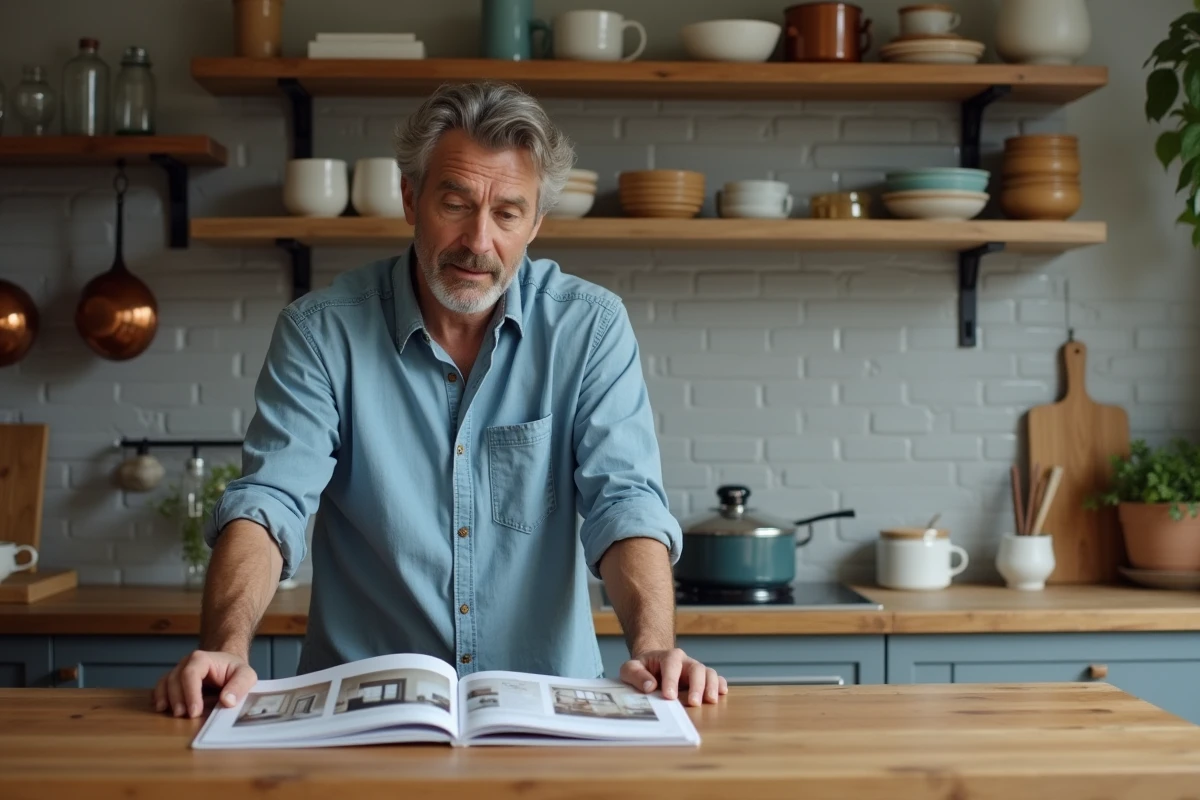 Homme consultant un catalogue de décoration maison personnalisée dans une cuisine rustique moderne