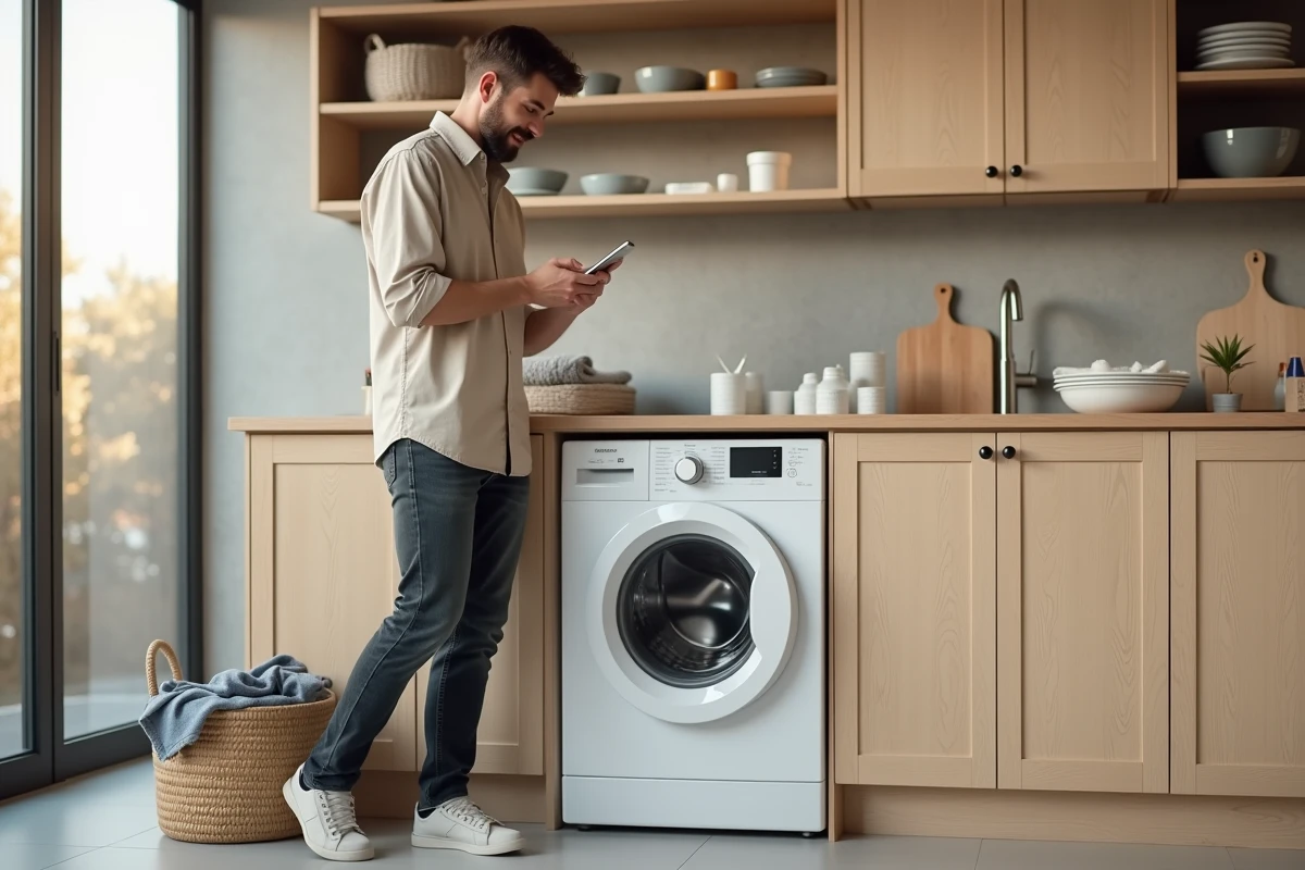 Homme consultant son téléphone pour choisir le bon cycle de lavage sur sa machine à laver