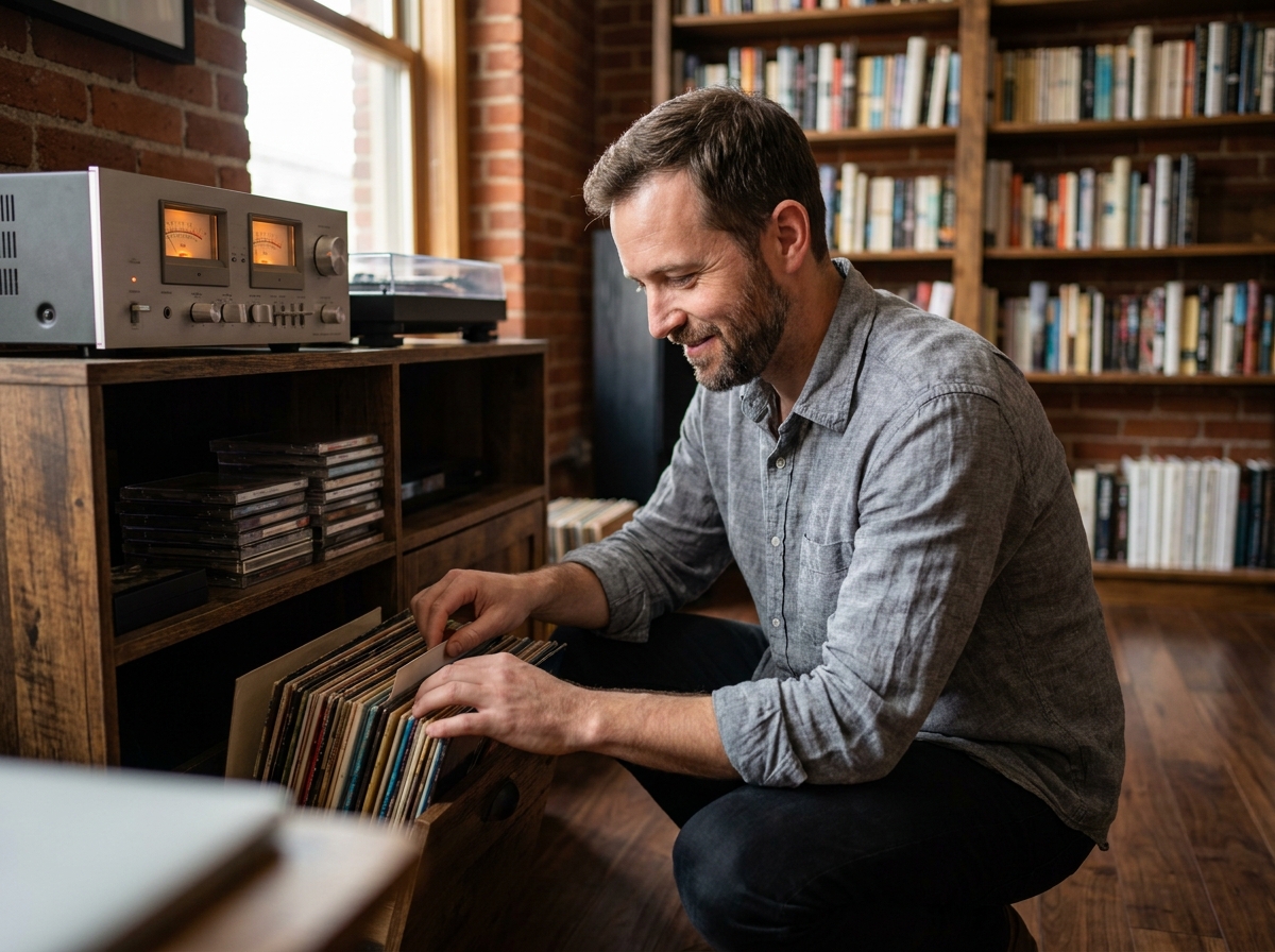 Homme parcourant sa collection de vinyles dans un meuble hi-fi regroupant CD et amplificateur