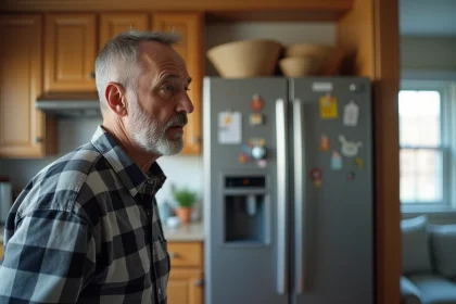 Homme d'âge moyen écoute attentivement un réfrigérateur moderne