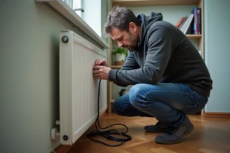Homme connecté à un radiateur électrique dans un appartement