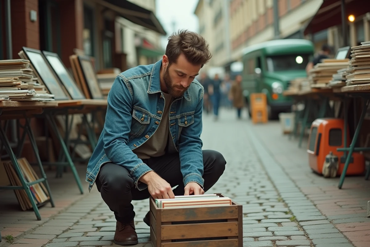 Homme fouillant des disques vinyles anciens dans une allée de vide grenier en Deux-Sèvres