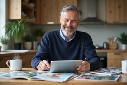 Homme souriant lisant magazines de bricolage à la maison