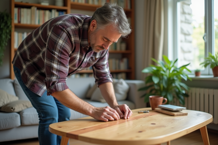 homme-emballant-table-bureau Homme d'âge moyen emballant une table en bois dans un salon lumineux