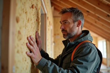 Homme inspectant l'isolation en fibre de bois dans une rénovation