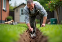 Tranchée : techniques faciles pour creuser sans fatigue ! Homme d'âge moyen creusant une tranchée dans le jardin