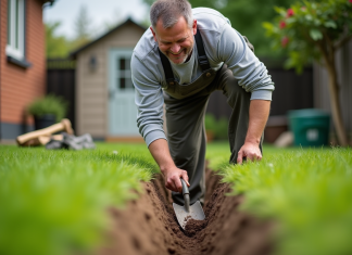 Tranchée : techniques faciles pour creuser sans fatigue ! Homme d'âge moyen creusant une tranchée dans le jardin