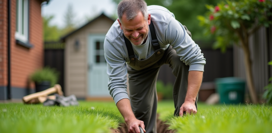 Tranchée : techniques faciles pour creuser sans fatigue ! Homme d'âge moyen creusant une tranchée dans le jardin