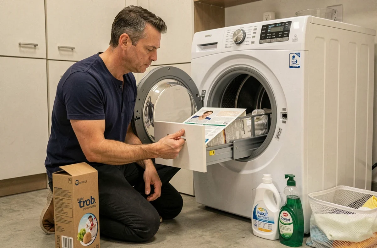 Homme lisant les indications du tiroir de son lave-linge pour utiliser le bon compartiment à lessive