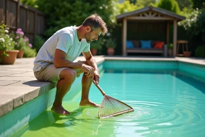 Homme en été nettoie une piscine avec une épuisette à algues