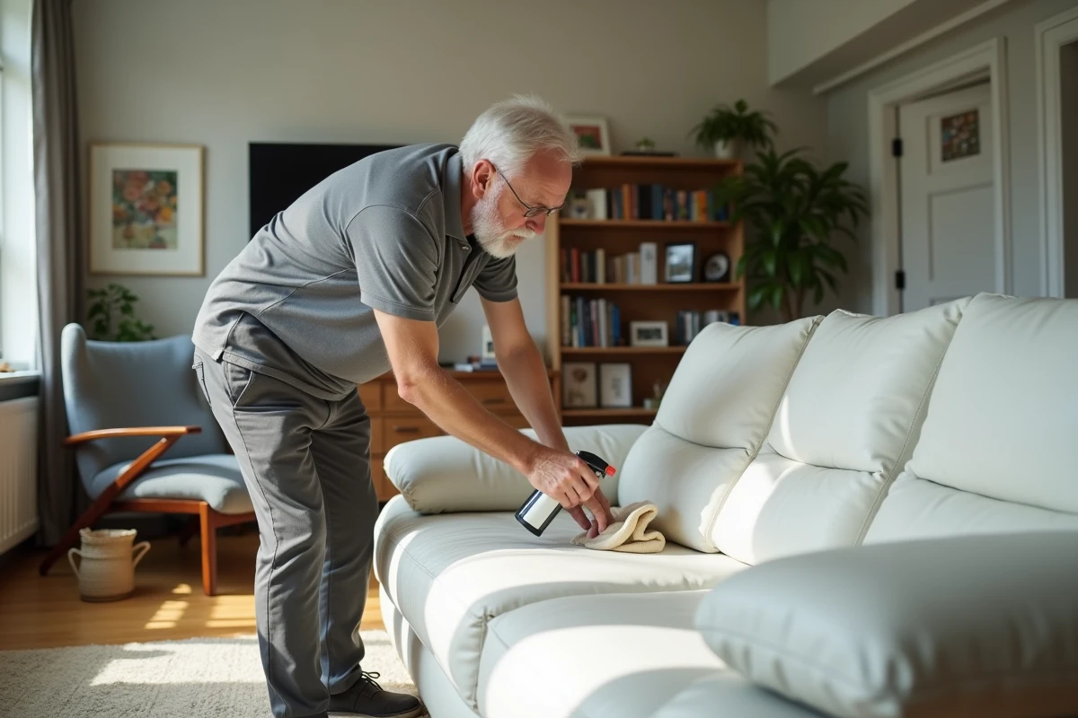 Homme vaporisant un produit sur un canapé en cuir dans un intérieur lumineux