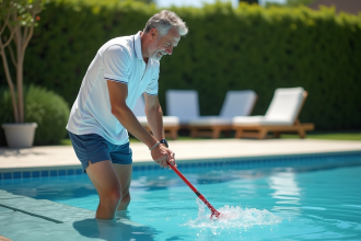 Homme d'âge moyen nettoyant une piscine extérieure