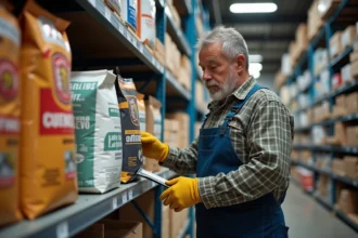 Homme en combinaison vérifiant sacs de ciment en magasin